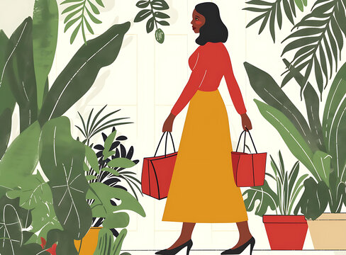 購物袋的女人走在植物叢中