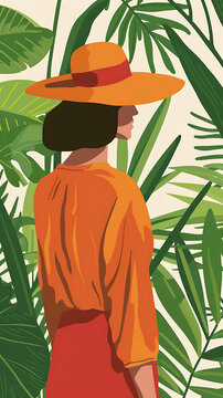 身著橙色連衣裙和帽子的女人在熱帶樹葉中
