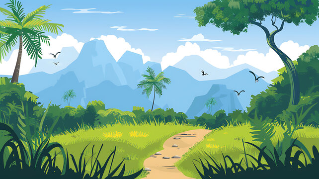 蜿蜒小路通向山脈的熱帶叢林風景
