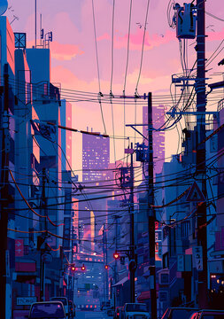 日落下的城市街道