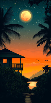 熱帶夜晚的滿月小屋