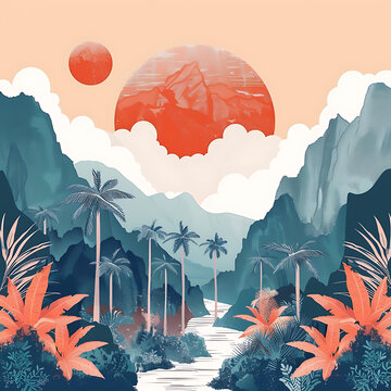 棕櫚樹和橙色太陽的山脈景觀