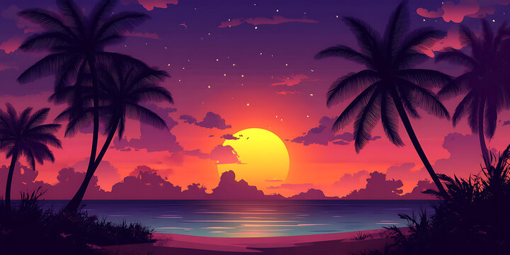 熱帶海灘夕陽下的棕櫚樹