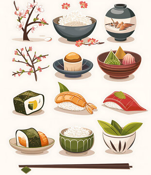 日式美食，包含壽司、米飯和櫻花