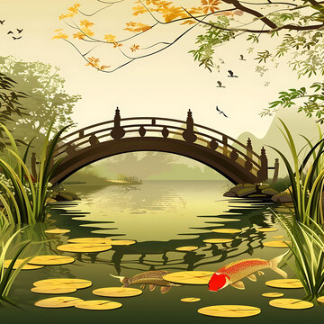 日式庭院拱橋和錦鯉魚(yú)