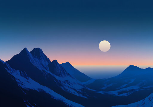 山脈全景，滿月與日落的天空