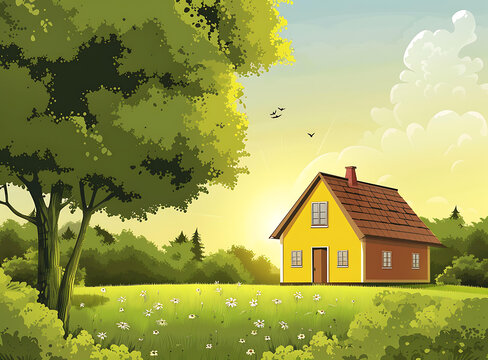 綠草地上的黃色小屋風景