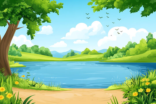 寧?kù)o的夏季風(fēng)景畫，綠樹藍(lán)湖