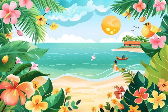 熱帶海灘夏季,女人和花