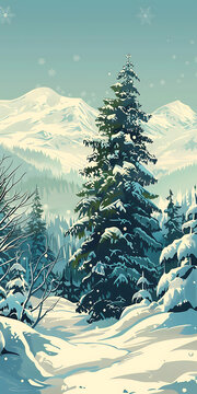 白雪皚皚的冬季山脈風(fēng)景畫(huà)