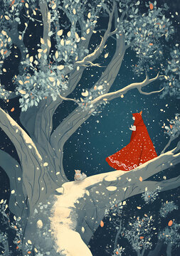 穿著紅色斗篷的女孩站在雪地森林里的樹枝上