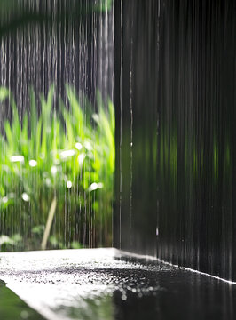 黑色墻壁上雨滴落下，背景是綠色植物