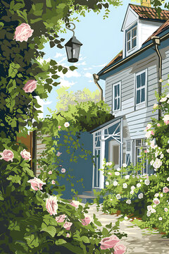 夏日玫瑰花園的迷人小屋