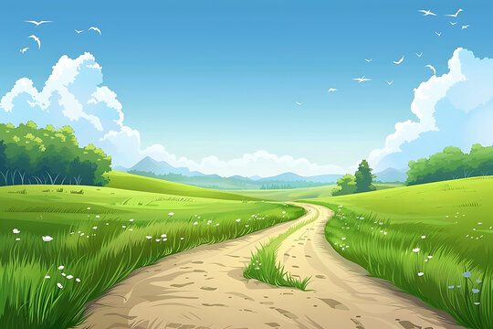 綠色草地風(fēng)景畫，蜿蜒小路通向藍天