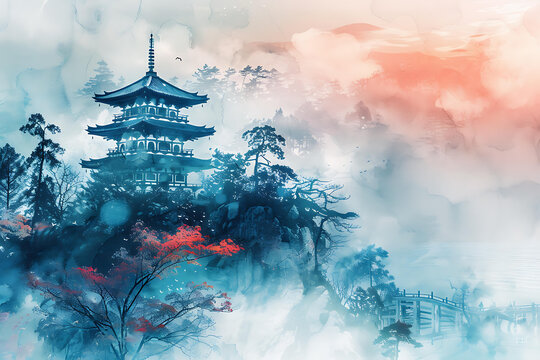 日本水彩畫(huà)：山頂寶塔