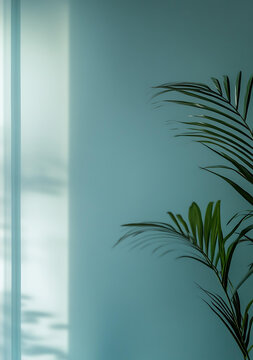藍(lán)色墻壁上的綠色植物和光影