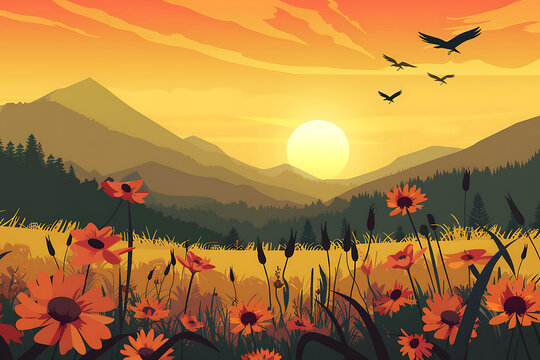 夕陽下橙色花朵的山脈風(fēng)景