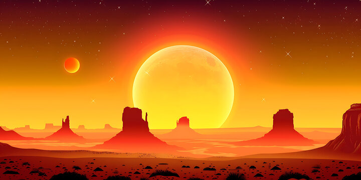 沙漠景觀夕陽(yáng)與山脈星辰