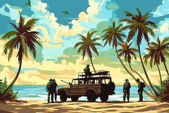 熱帶海灘日落與軍事人員