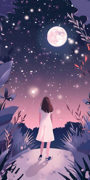 夜晚星空下的女孩