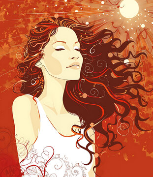 紅橙色背景下閉眼長發(fā)女性