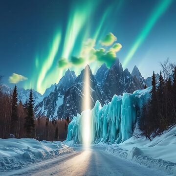 極光照耀下的雪山和冰凍瀑布