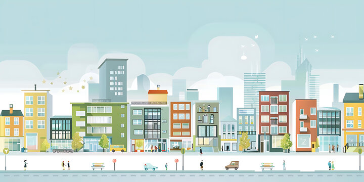 城市街景，人們在人行道上行走