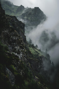 云霧繚繞的山峰綠植景觀