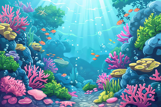 海底珊瑚礁景觀，充滿色彩鮮艷的魚和海洋生物