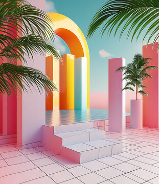簡約夏日場景 3D ：棕櫚樹、彩色拱門和階梯
