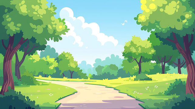 夏季森林綠樹小路風(fēng)景卡通