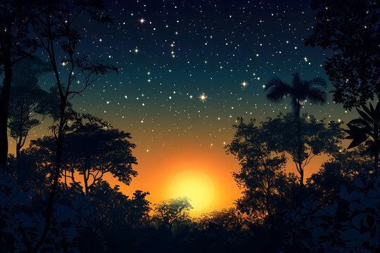 繁星夜空下的樹木剪影
