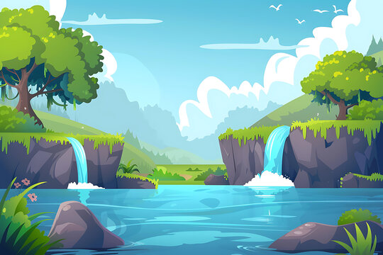 卡通瀑布和河流的風(fēng)景