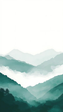 水彩山巒云霧風(fēng)景畫