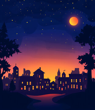 夜晚星空下的小鎮(zhèn)剪影，月亮和星星