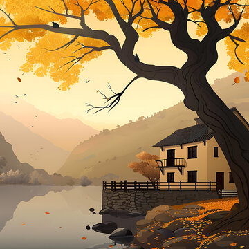 山間湖畔秋景