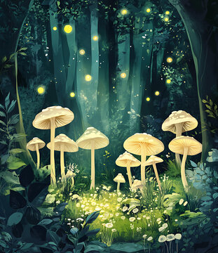 夢幻森林中的蘑菇和螢火蟲