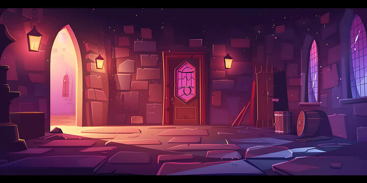 卡通 中世紀(jì)城堡庭院夜景
