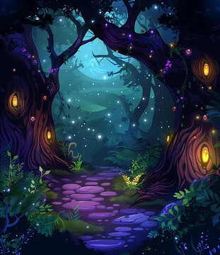 夢幻森林夜晚小路，樹木發(fā)光，月色迷人