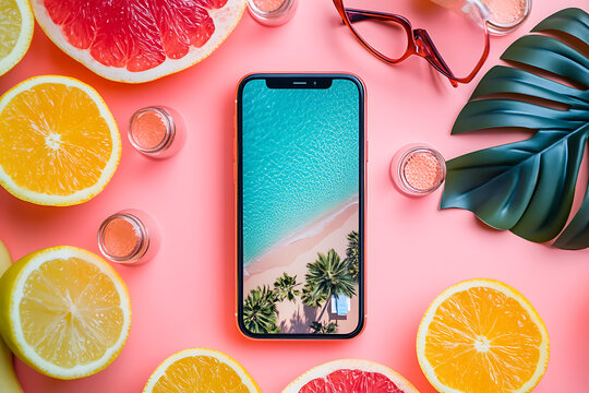 手機屏幕上的夏季海灘度假