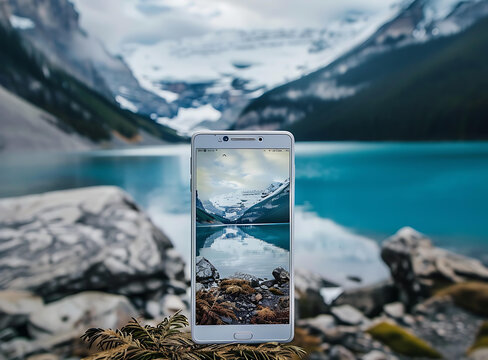 手機拍攝的雪山湖泊風(fēng)景