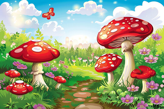 卡通森林，紅色蘑菇和蝴蝶
