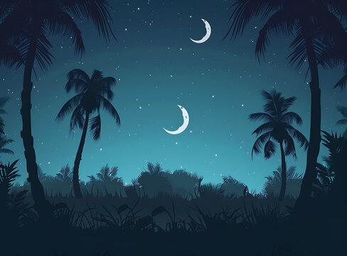 棕櫚樹下的夜空與新月