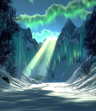 極光下的雪山