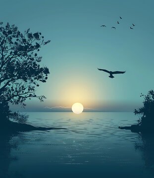 夕陽西下海鷗飛翔