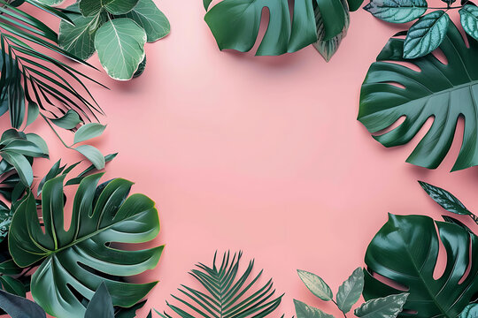 粉色背景上的熱帶葉子