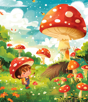 小女孩在神奇的蘑菇森林里探險