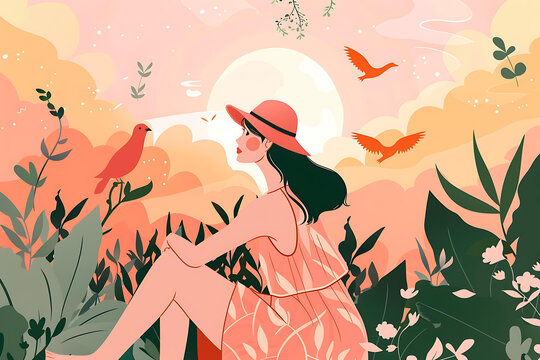 女孩坐在花園里，鳥兒在天空飛翔