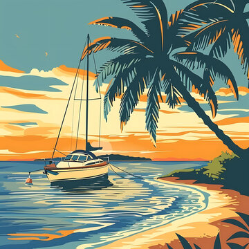 熱帶海灘日落風(fēng)景畫