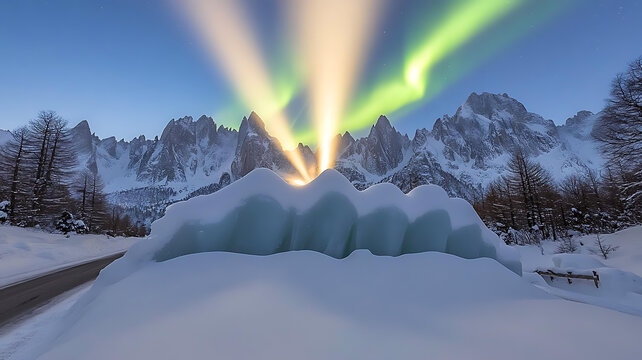 極光下的雪山